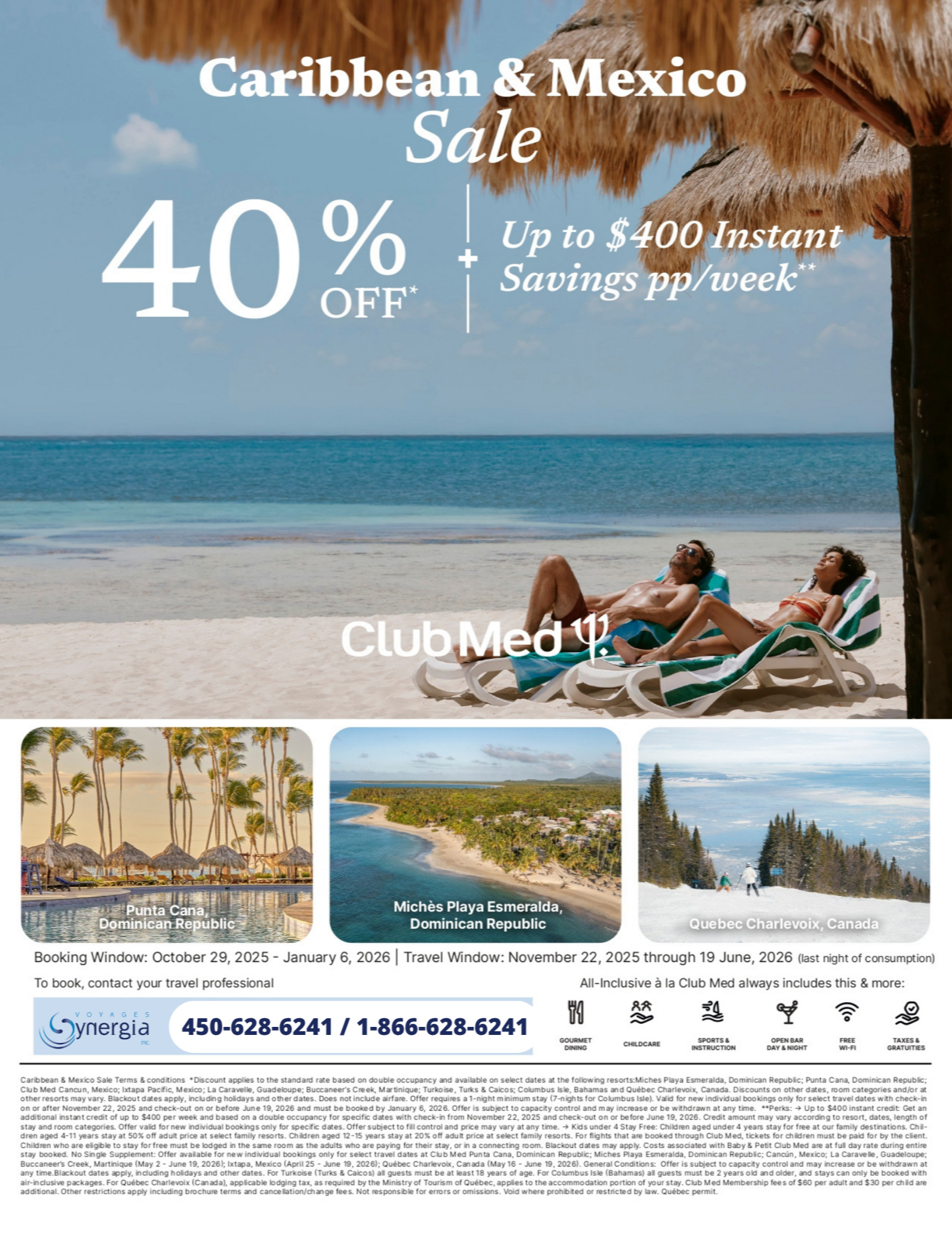Club Med Promotions Caribbean and Mexico Sale 40% Off + $400 Instant Savings with Voyages Aqua Terra Donnacona