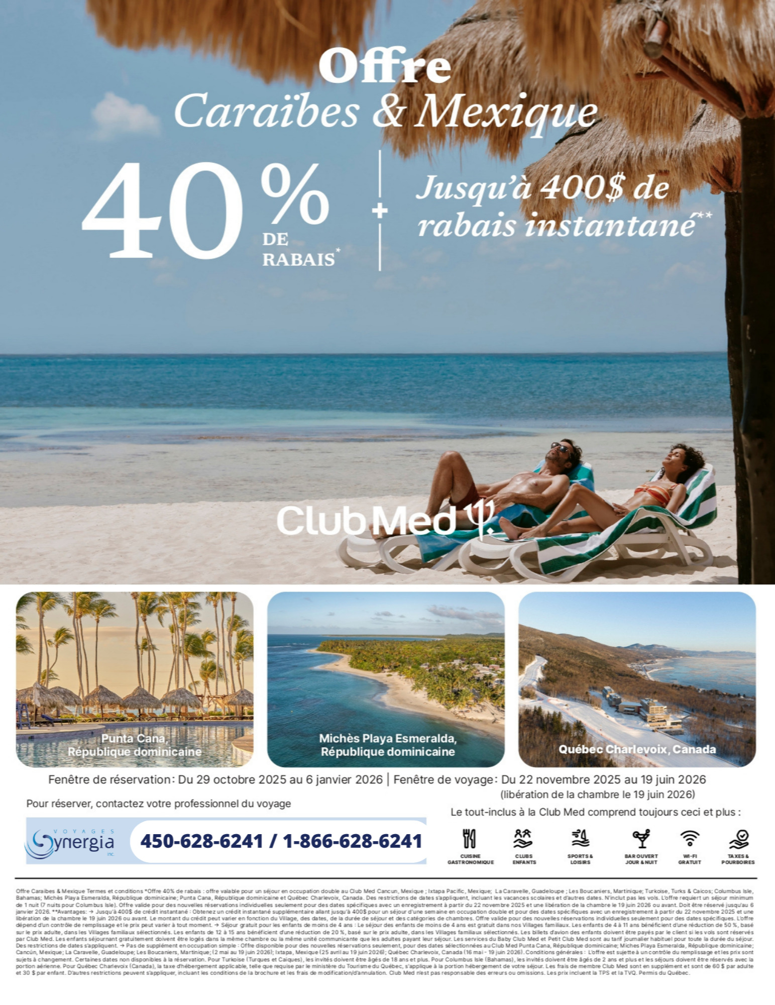 Promotions Club Med Offre Caraïbes et Mexique 40% de rabais + 400$ de rabais instantané avec Voyages Aqua Terra Donnacona