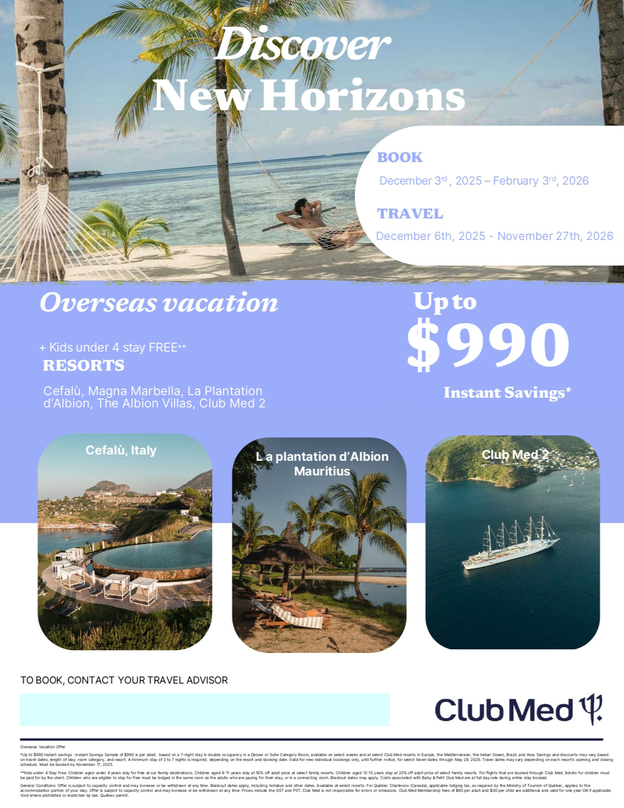 Promotions Club Med Offre Séjours Lointains Jusqu'à 990$ de rabais avec Voyages Aqua Terra Donnacona CLUB MED PROMOTION Flyer SECTION-3B EN
