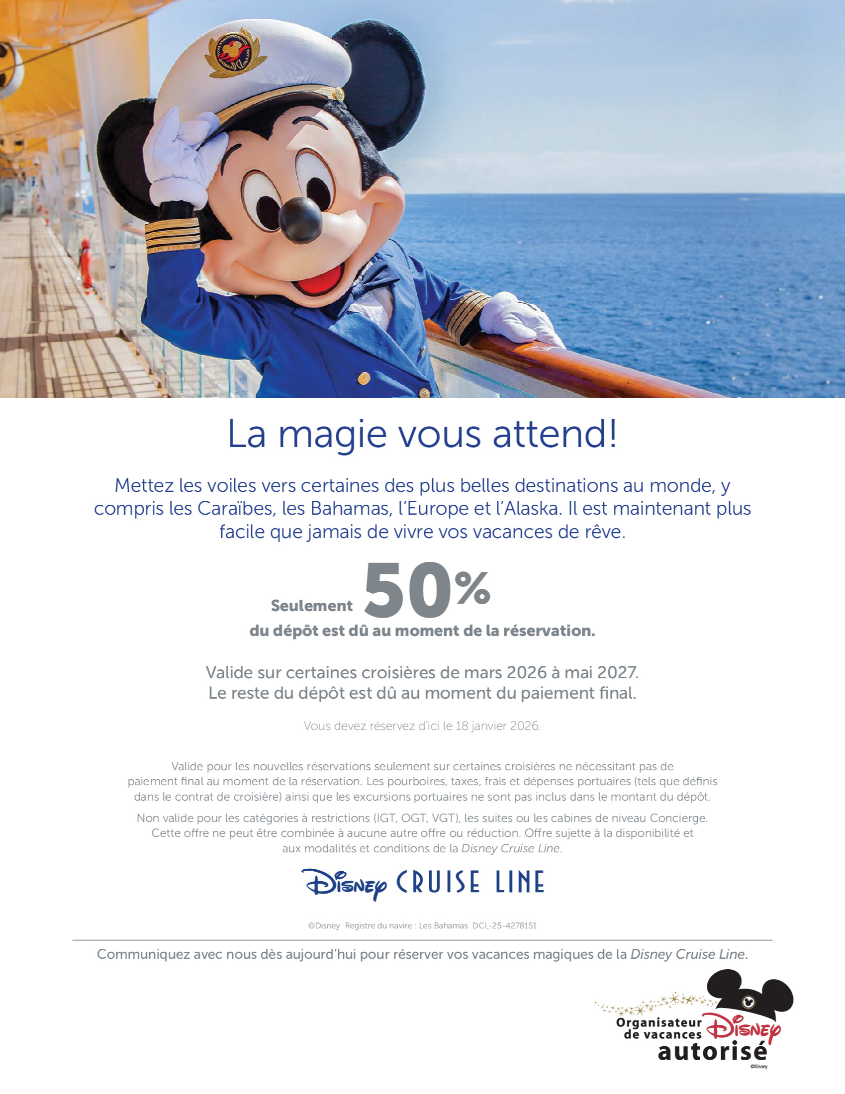 Promotion Disney Cruise Line : Seulement 50% de dépôt avec les Créateurs de Magie de Voyages Aquaterra Donnacona