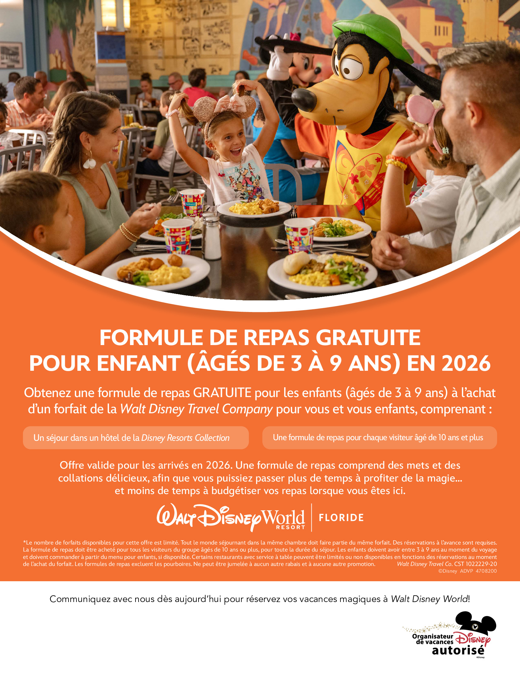 Walt Disney World Resort en Floride Formule de repas gratuite pour enfant avec Voyages Donnacona Créateurs de Magie