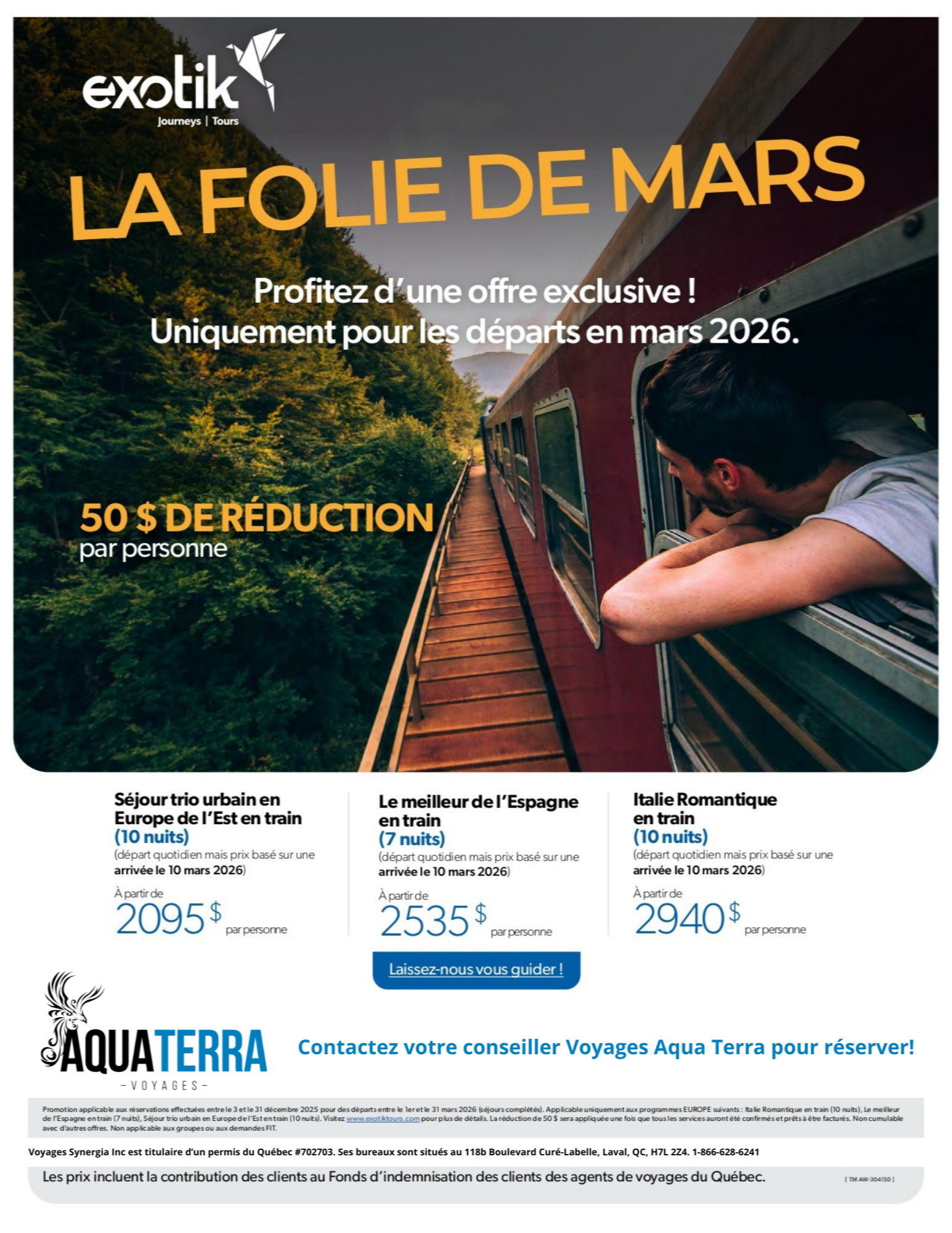 Promotion Exotik Tours 50$ de réduction par personne avec Voyages Aqua Terra Donnacona