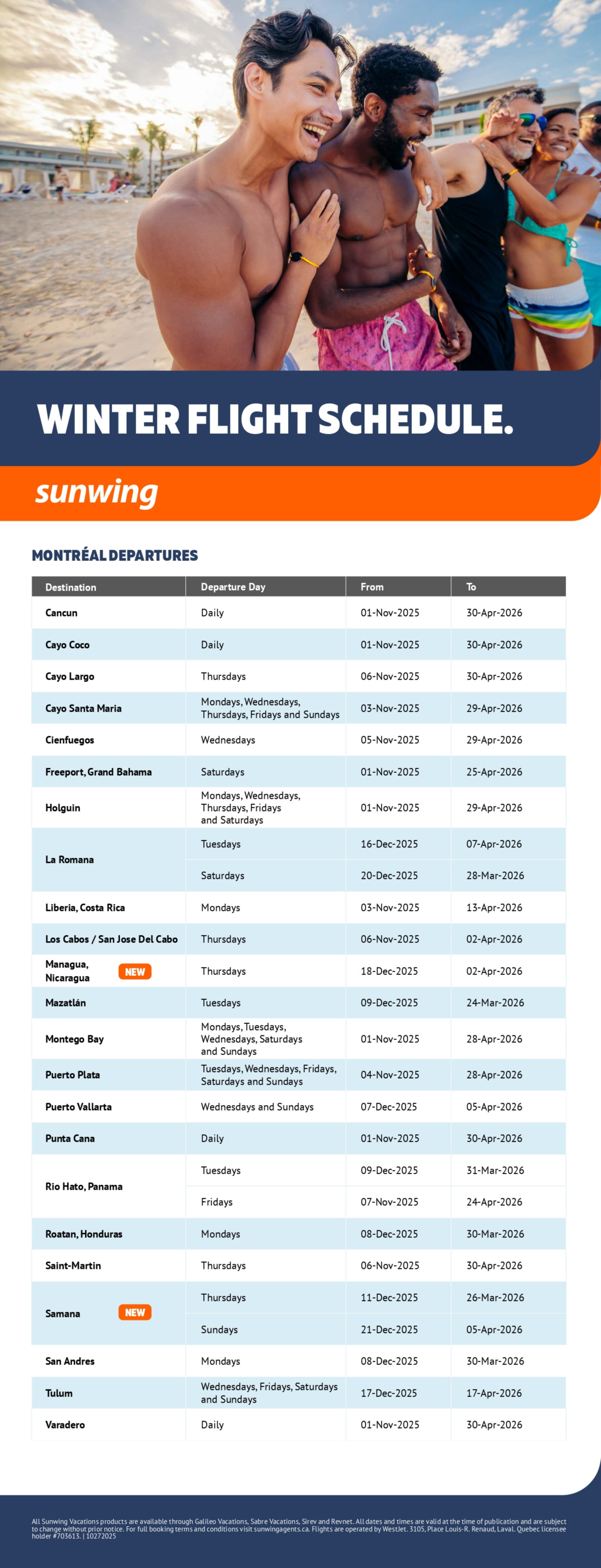 Sunwing Vacations winter flight schedule with Voyages Aqua Terra Donnacona