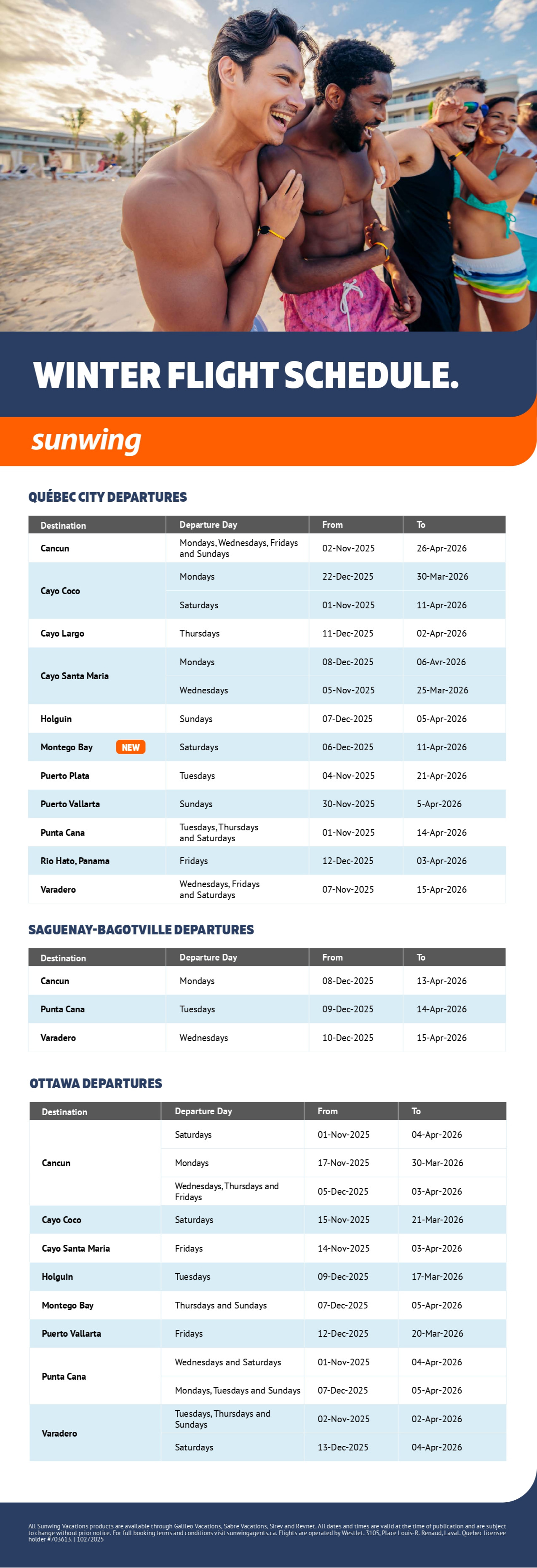 Sunwing Vacations winter flight schedule with Voyages Aqua Terra Donnacona