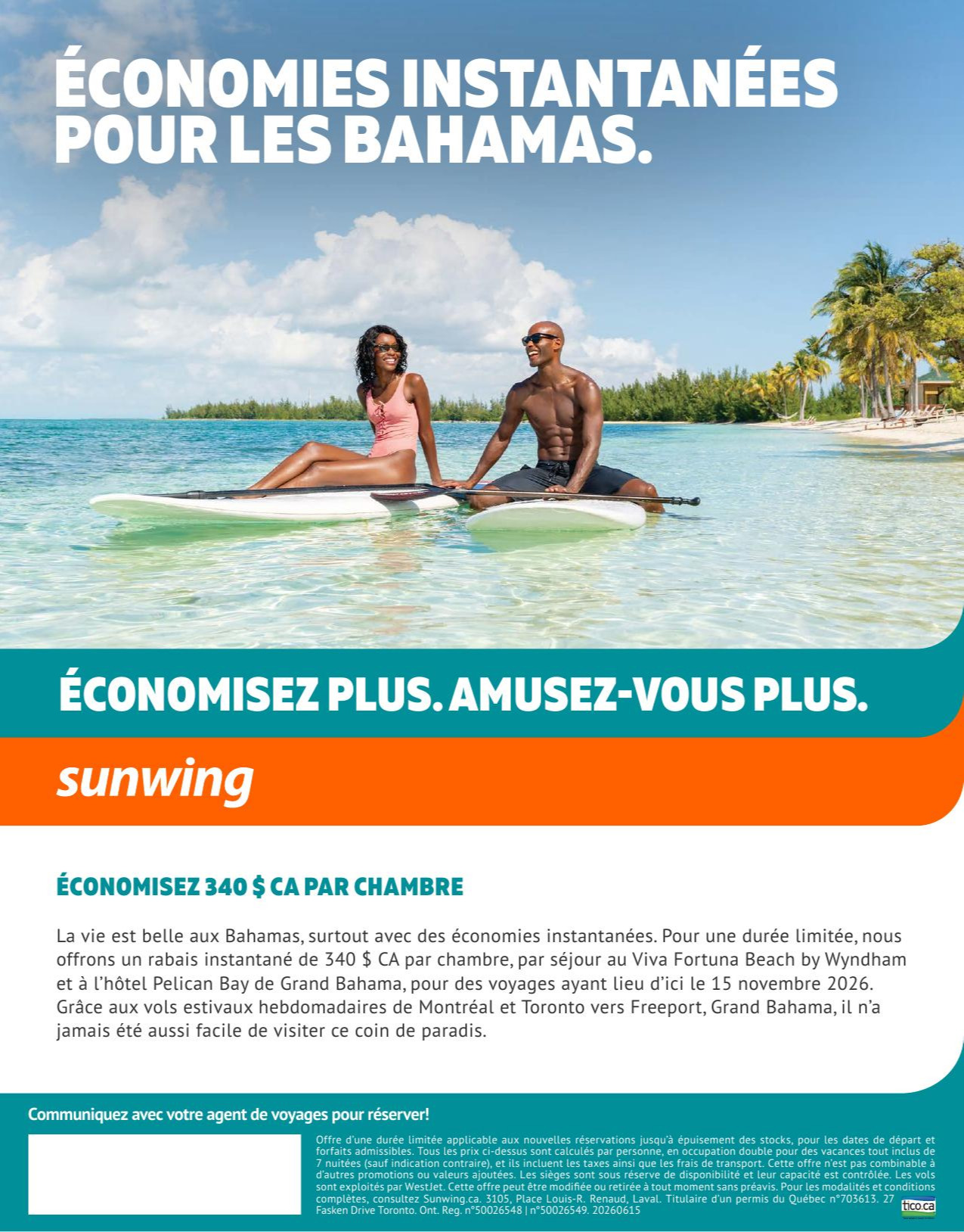 Promotion Sunwing Économies instantanées pour les Bahamas avec Voyages AquaTerra Donnacona