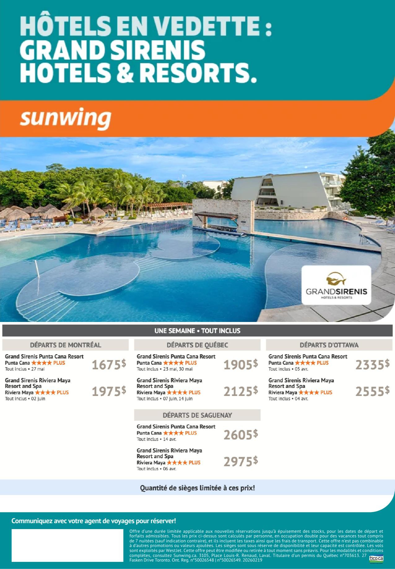 Promotion Vacance Sunwing Hôtels en vedette Grand Sirenis avec Voyages Aqua Terra Donnacona