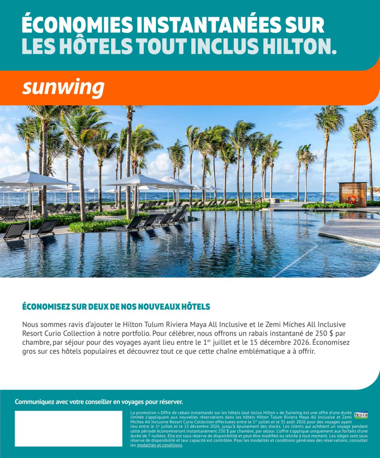 Promotion Sunwing Économies instantanées sur le hôtels tout inclus Hilton avec Voyages AquaTerra Donnacona