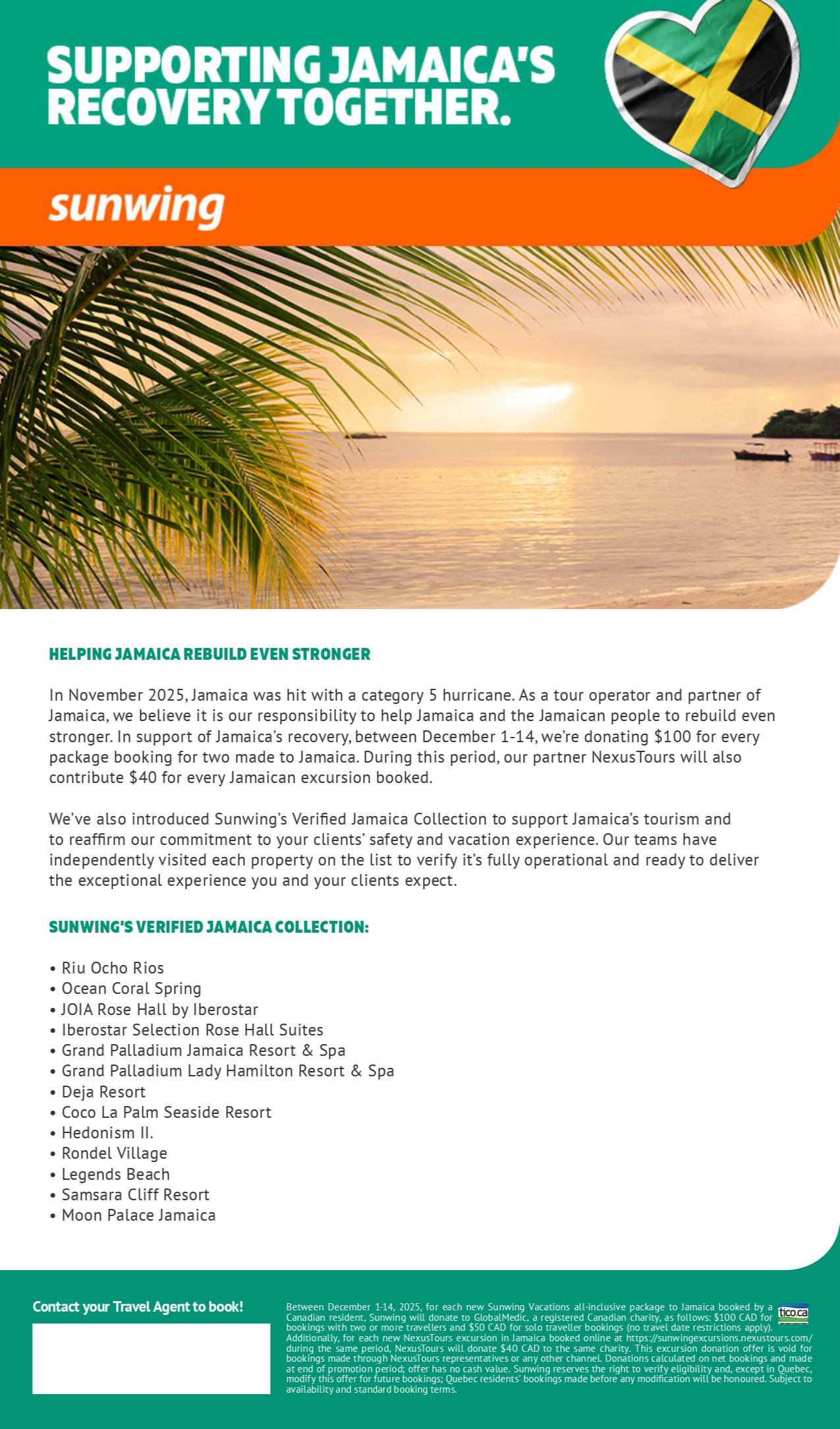 Sunwing Vacations Promotion Jamaica Melissa Hurricane with Voyages Aqua Terra Donnacona