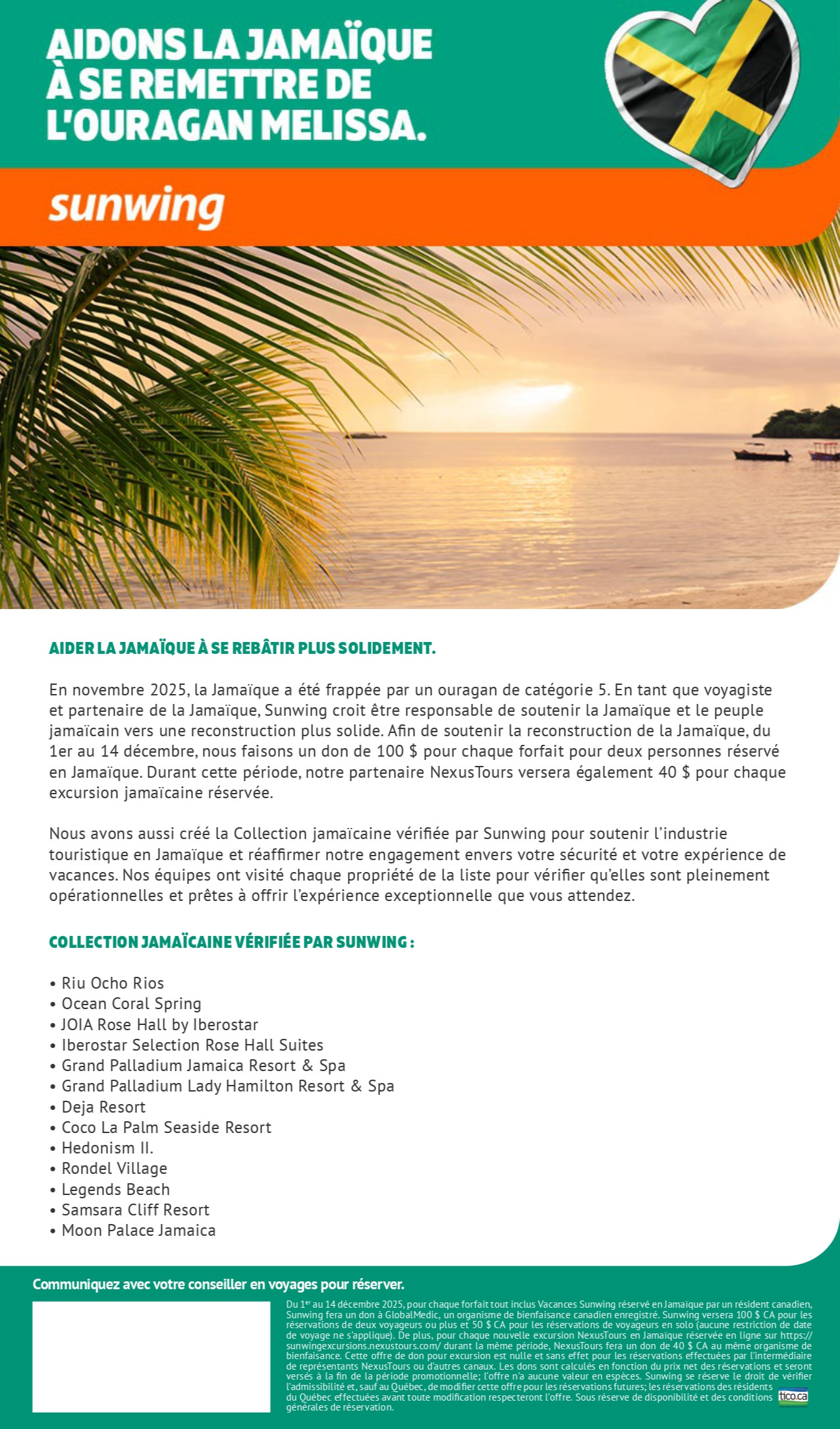 Promotion Vacances Sunwing Ouragan Mélissa Jamaique avec Voyages Aqua Terra Donnacona