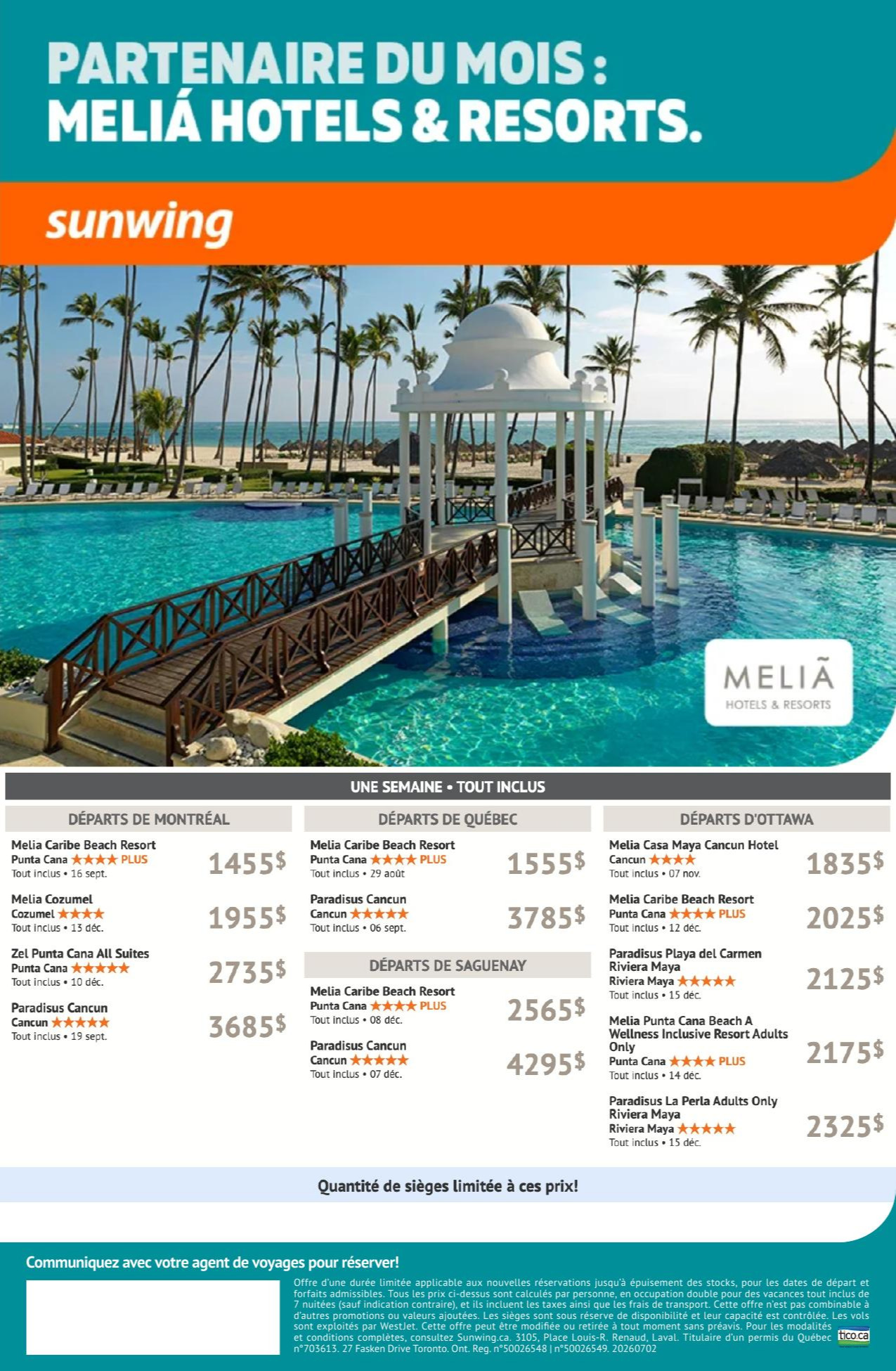 Promotion Sunwing partenaire du mois : Melia Hotels & Resorts avec Voyages AquaTerra Donnacona