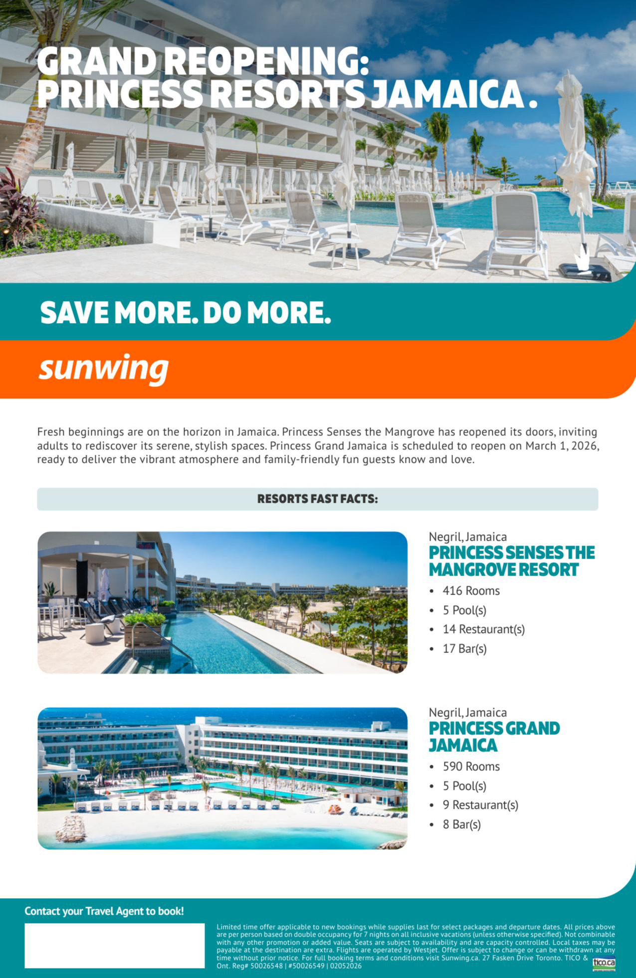  Sunwing Vacations Promotions grand reopening with Aquaterra Travels : Princess resorts Jamaica Donnacona