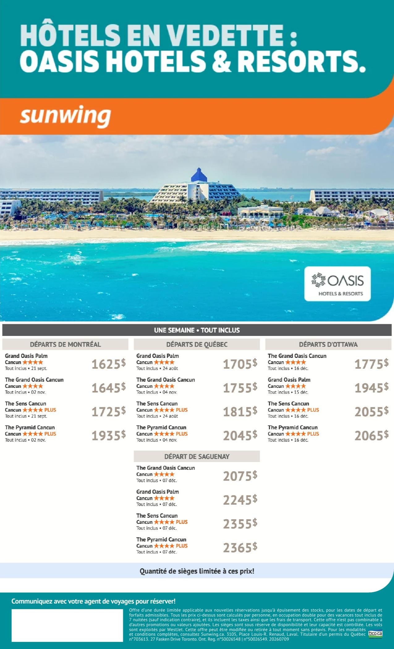 Promotion Sunwing Hotels en vedette : Oasis Hotels & Resorts avec Voyages AquaTerra Donnacona