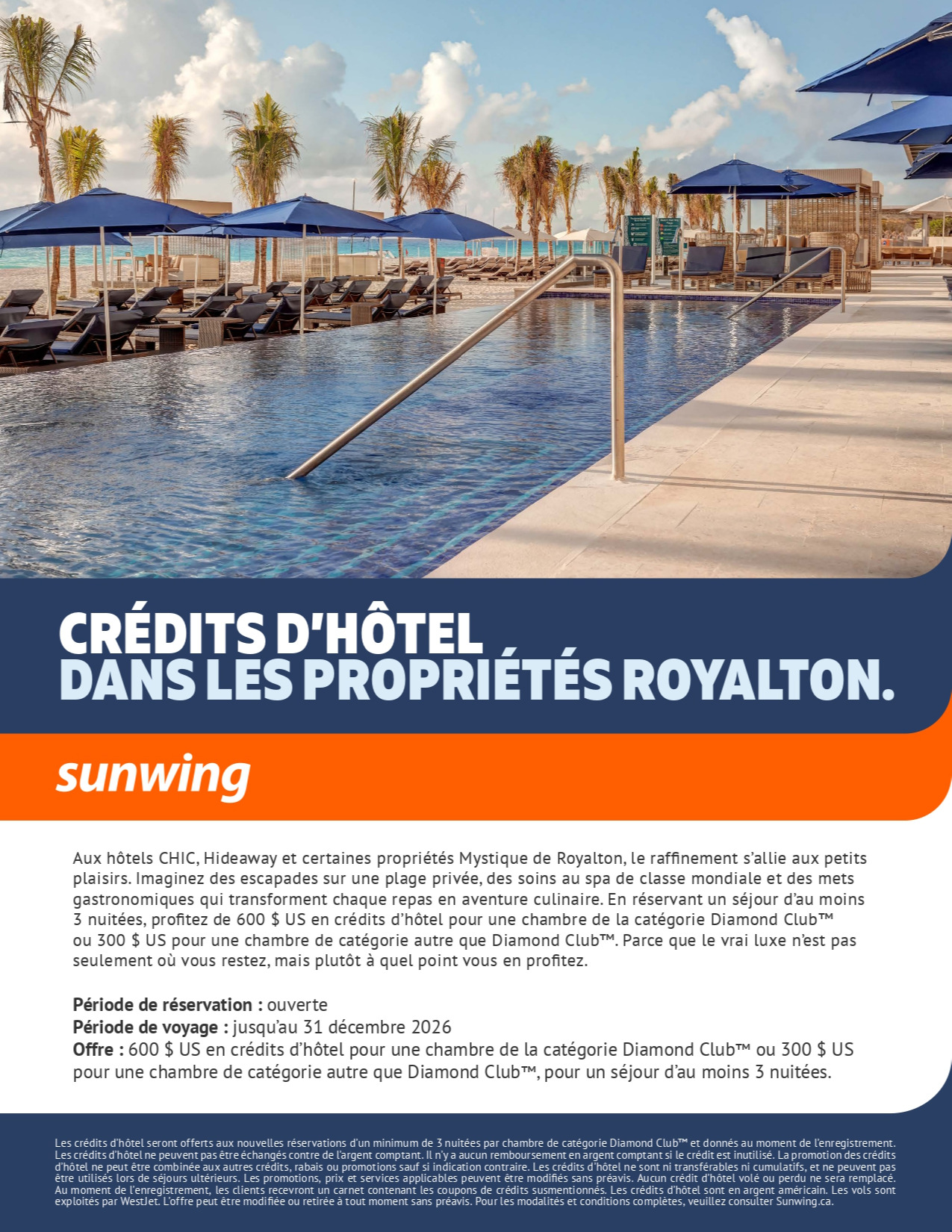 Promotion Vacances Sunwing  Credits d’hôtel dans les propriétés Royalton Resorts avec Voyages Aqua Terra Donnacona