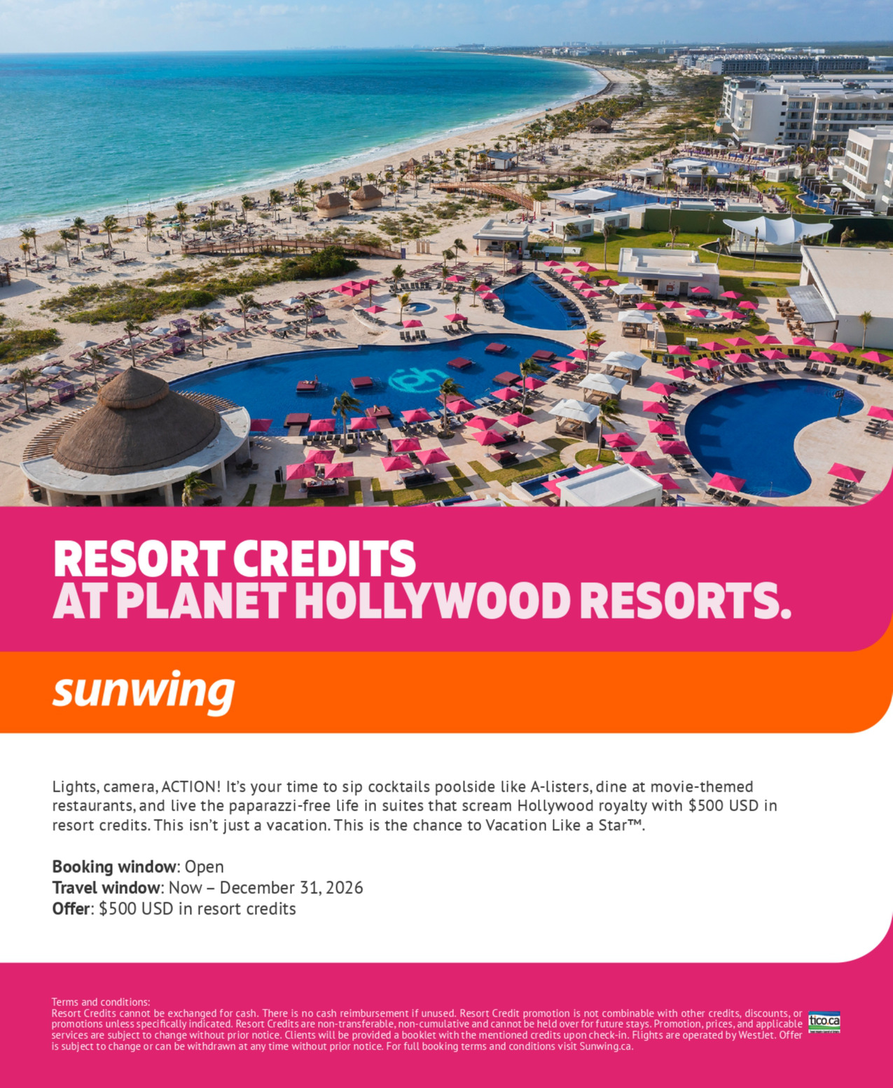 Sunwing Vacations Promotion Resort Credits at Planet Hollywood Resorts with Voyages Aqua Terra Donnacona